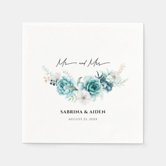 Serviette En Papier Mariage Floral Émeraude Poussiéreux Blanc (Devant)