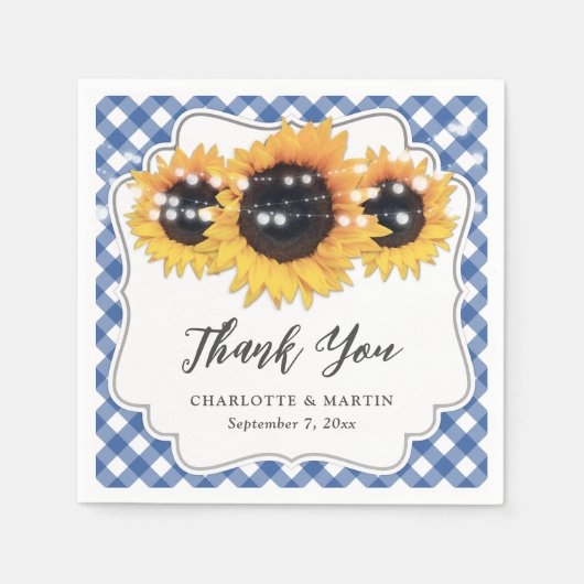 Serviette En Papier Mariage floral En vichy tournesol bleu (Devant)