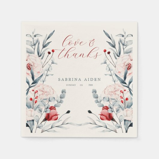 Serviette En Papier Mariage Floral Fleur Rouge Et Bleu (Devant)