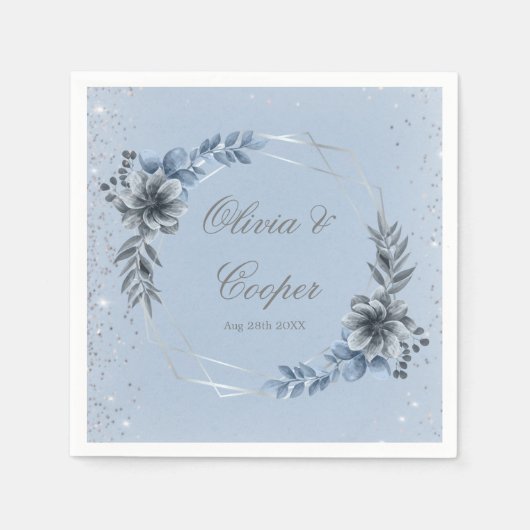 Serviette En Papier Mariage floral géométrique bleu et argenté (Devant)