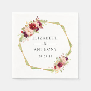 Serviette En Papier Mariage floral géométrique de Bourgogne et de Brum