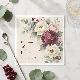 Serviette En Papier Mariage floral hydrangee bordeaux aquarelle