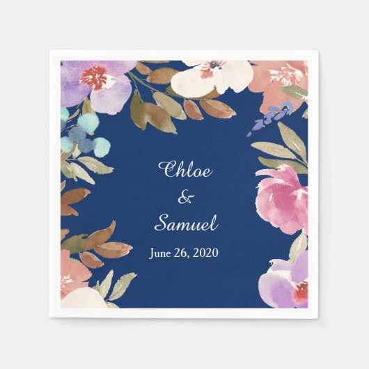 Serviette En Papier Mariage Floral Jardin Bleu Marine (Devant)