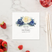 Serviette En Papier Mariage floral jaune et bleu marine (En situation)