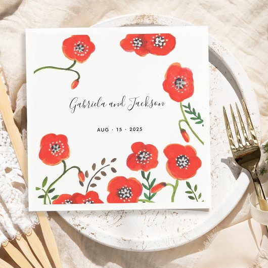 Serviette En Papier Mariage floral moderne des pavots rouges
