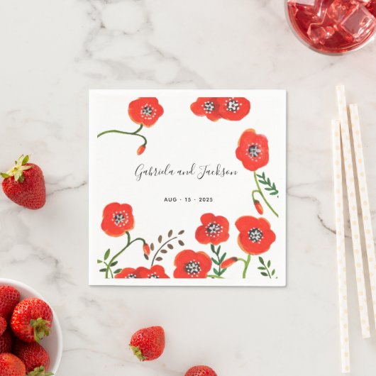 Serviette En Papier Mariage floral moderne des pavots rouges (En situation)