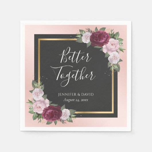 Serviette En Papier Mariage floral noir Bourgogne rose (Devant)