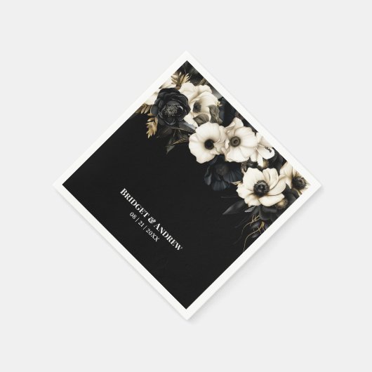 Serviette En Papier Mariage floral noir et blanc (Coin)