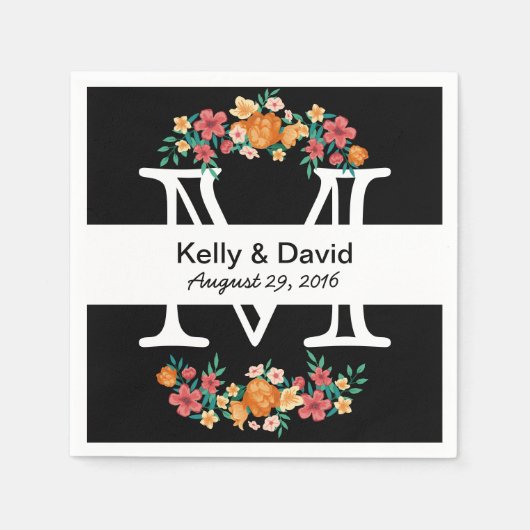 Serviette En Papier Mariage Floral noir et blanc Monogramme (Devant)