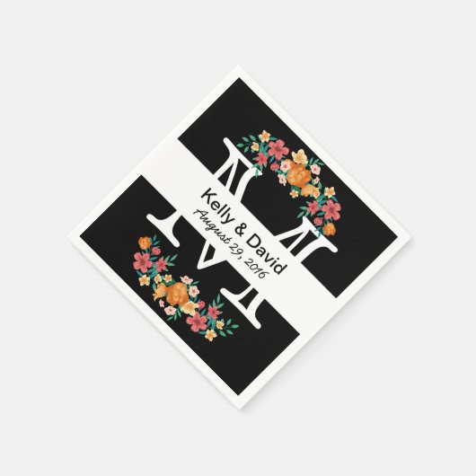 Serviette En Papier Mariage Floral noir et blanc Monogramme (Coin)