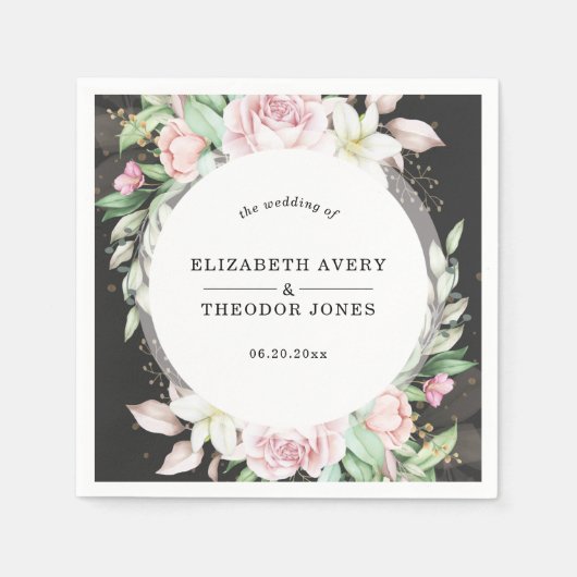 Serviette En Papier Mariage floral noir et rose (Devant)