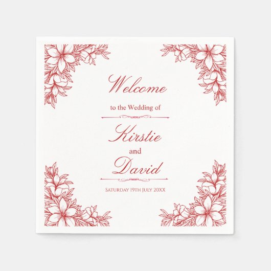 Serviette En Papier Mariage Floral Orné Rouge (Devant)