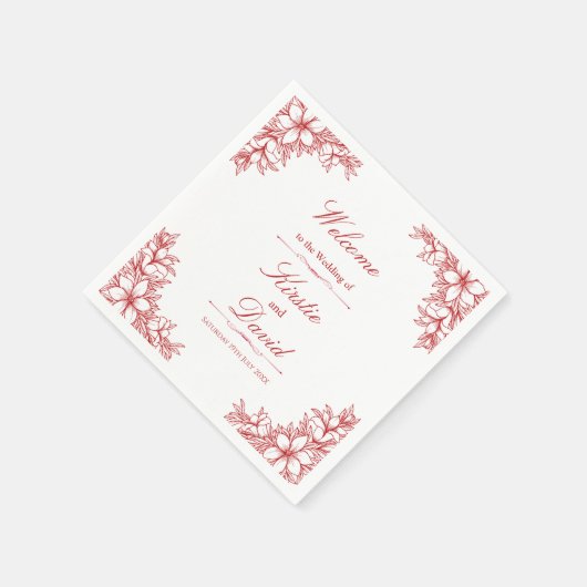 Serviette En Papier Mariage Floral Orné Rouge (Coin)