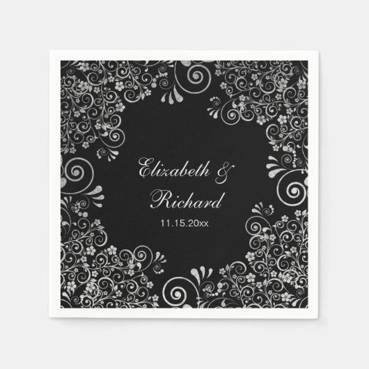 Serviette En Papier Mariage Floral réception argent et noir (Devant)