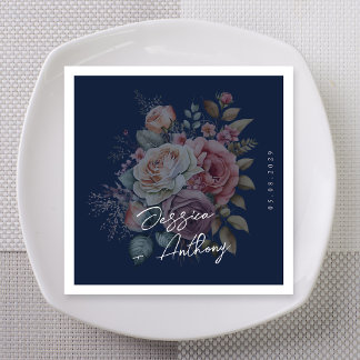 Serviette En Papier Mariage Floral Romance Maussade Bleu de Minuit