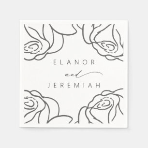Serviette En Papier Mariage floral romantique moderne noir blanc