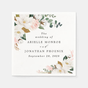Serviette En Papier Mariage floral rose et blanc Magnolia