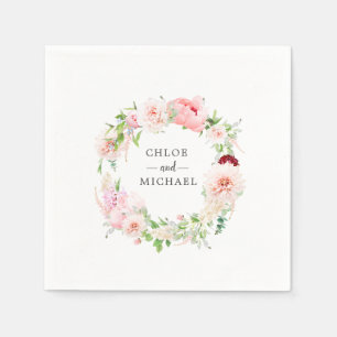 Serviette En Papier Mariage floral rose et blanc personnalisé