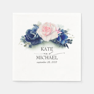 Serviette En Papier Mariage floral rose et bleu marine
