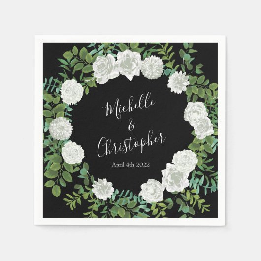 Serviette En Papier Mariage floral rose noir et blanc (Devant)