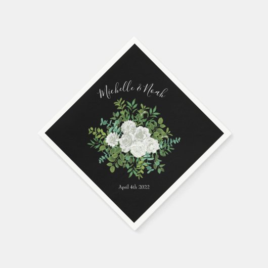 Serviette En Papier Mariage floral rose noire et blanche (Coin)