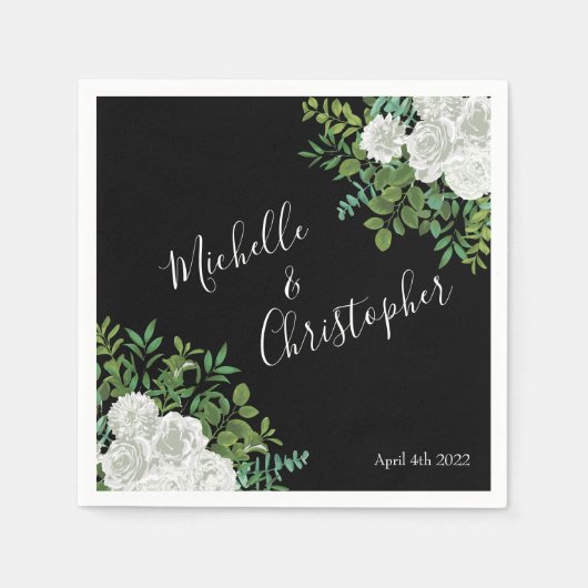 Serviette En Papier Mariage floral rose noire et blanche (Devant)