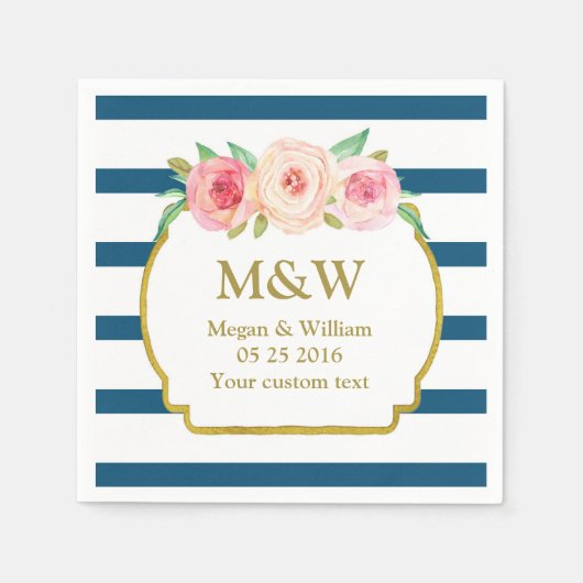 Serviette En Papier Mariage floral rose or rayures Marine (Devant)