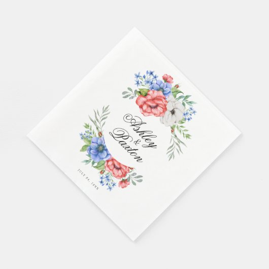 Serviette En Papier Mariage floral rouge, blanc et bleu (Coin)