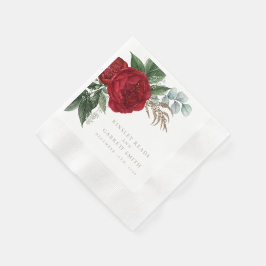 Serviette En Papier Mariage floral rouge élégant écriture dorée (Coin)
