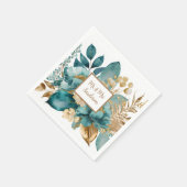 Serviette En Papier Mariage floral sarcelle et or (Coin)