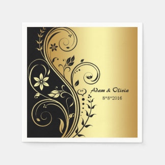 Serviette En Papier Mariage Floral Scroll Black Gold Napkin