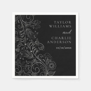 Serviette En Papier Mariage floral soyeux et noir
