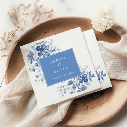 Serviette En Papier Mariage Floral Toile Bleu Français