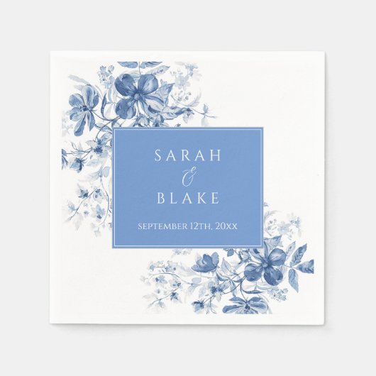 Serviette En Papier Mariage Floral Toile Bleu Français (Devant)