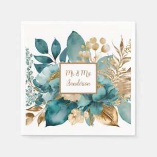 Serviette En Papier Mariage Floral Turquoise & Or