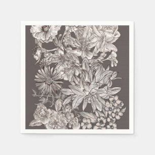 Serviette En Papier Mariage Floral Vintage Moderne Ivoire et Gris