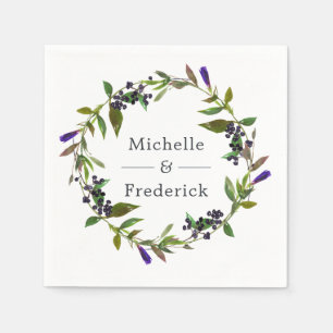 Serviette En Papier Mariage floral violet et sauge à l'aquarelle