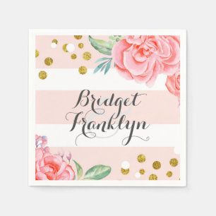 Serviette En Papier mariage florale confetti rayures rose et or