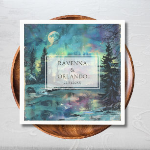 Serviette En Papier Mariage forêt lac sous la lune aurore de Noël