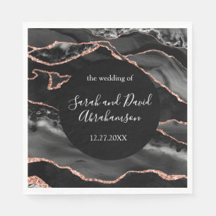 Serviette En Papier Mariage Formel Noir et Paillettes d'Or Rose Agate