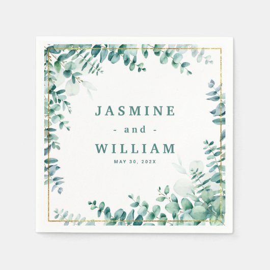 Serviette En Papier Mariage Frameborder Carré Eucalyptus vert (Devant)