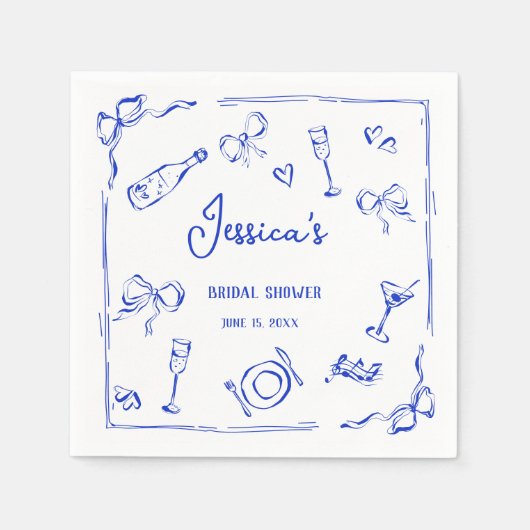 Serviette En Papier Mariage français bleu français dessiné à la main a (Devant)