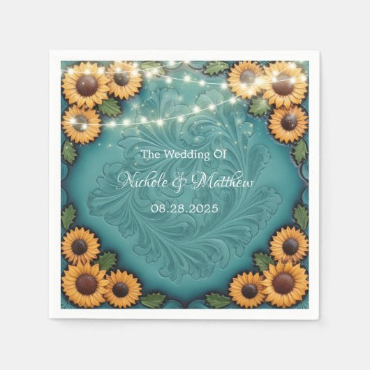 Serviette En Papier Mariage frontalier de tournesol en cuir turquoise (Devant)
