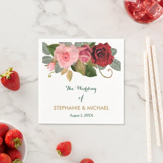 Serviette En Papier Mariage frontalier rouge et rose (En situation)