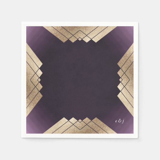 Serviette En Papier Mariage Gatsby d'or violet géométrique (Devant)