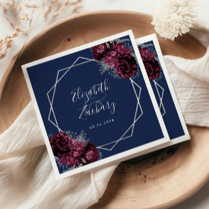 Serviette En Papier Mariage Géométrique Argent Floral Bourgogne Bleu N