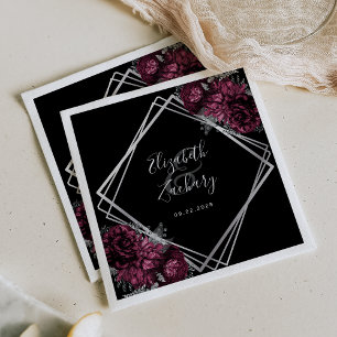 Serviette En Papier Mariage Géométrique Argent Floral Bourgogne Noir