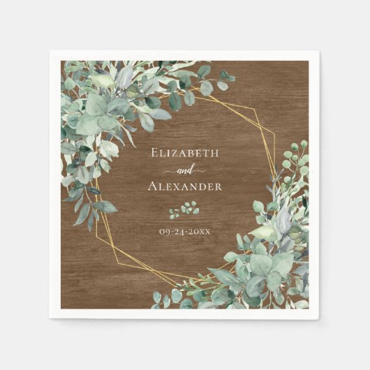 Serviette En Papier Mariage géométrique Eucalyptus en bois rustique (Devant)