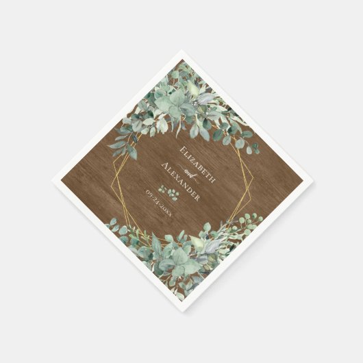 Serviette En Papier Mariage géométrique Eucalyptus en bois rustique (Coin)