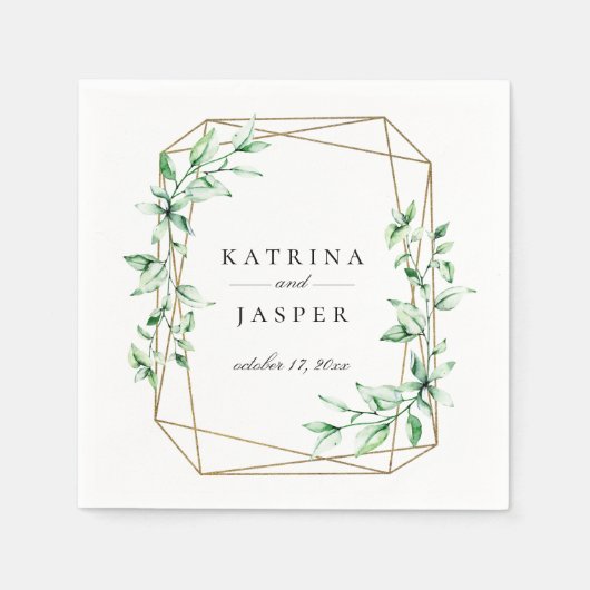Serviette En Papier Mariage Géométrique Vert et Or (Devant)